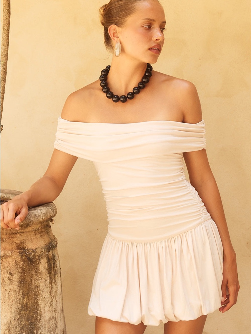 Serein Wonders Beige Draped Ruched Mini Dress